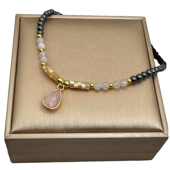 NWT Rose Quartz Teardrop Pendant Beaded Necklace 18K Plated Black Onyx Hematite - Picture 8 of 9